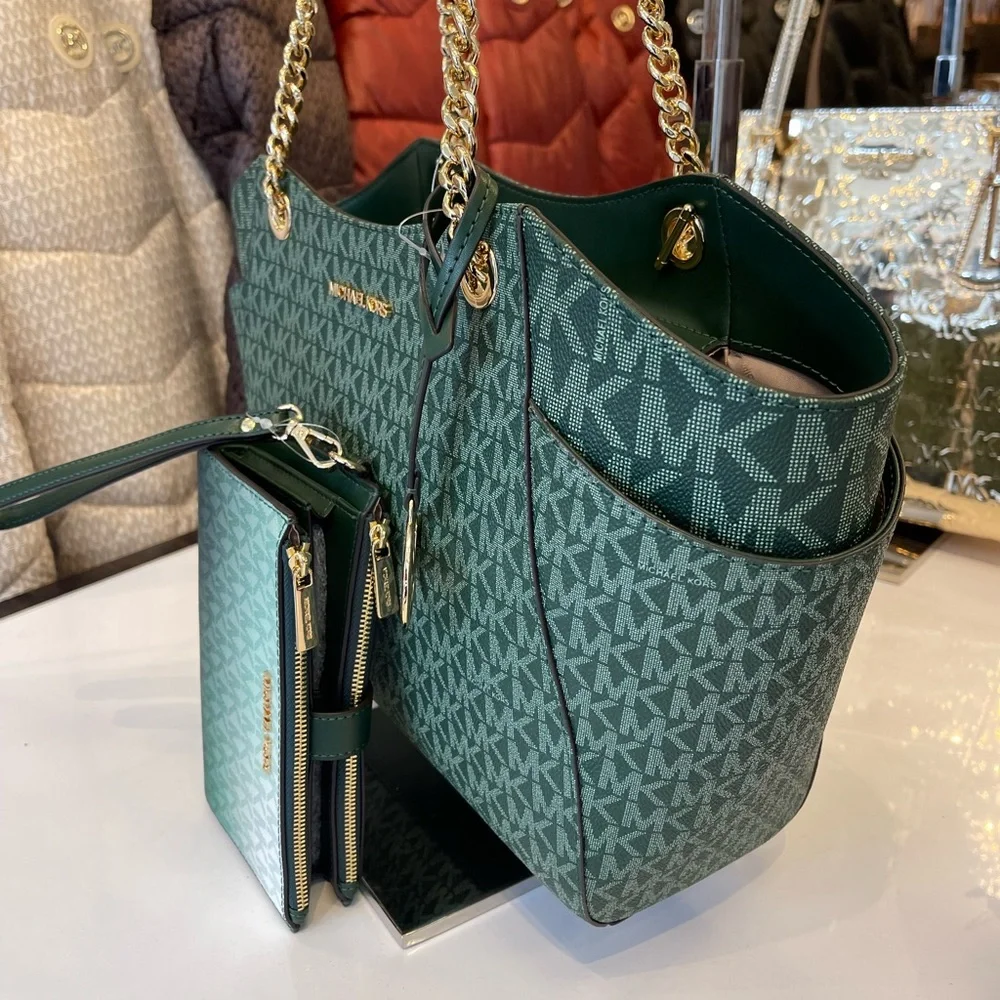 MICHAEL KORS JST Lg Chain Shoulder Tote & Double Zip Wristlet Wallet 
Moss 
NWT - Picture 2 of 16
